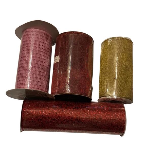 Lot 4 Wired Ribbon Rolls Red Gold Pink Glitter Celebrate It Christmas Craft Deco - Picture 1 of 6